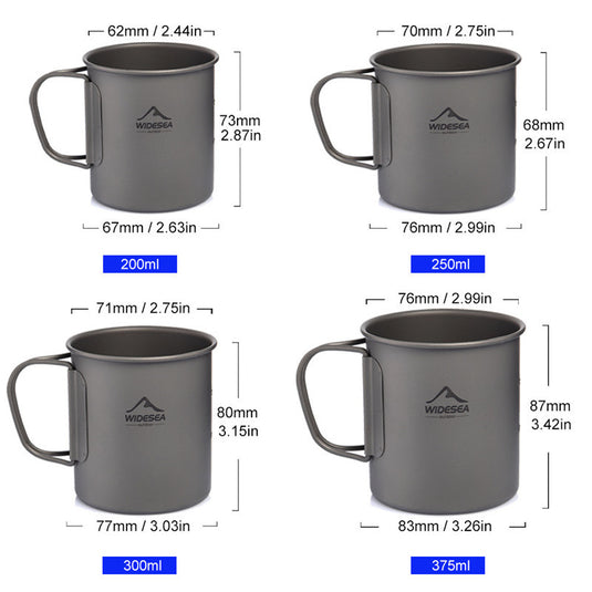Gray mugs with measurements and Widesea branding on a white background
