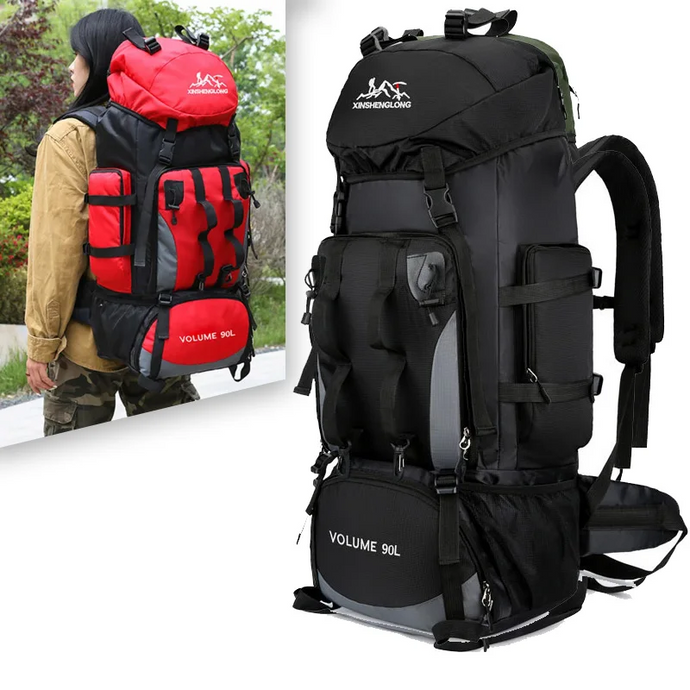 Two backpacks, one red and black, the other black with gray accents, on a white background.