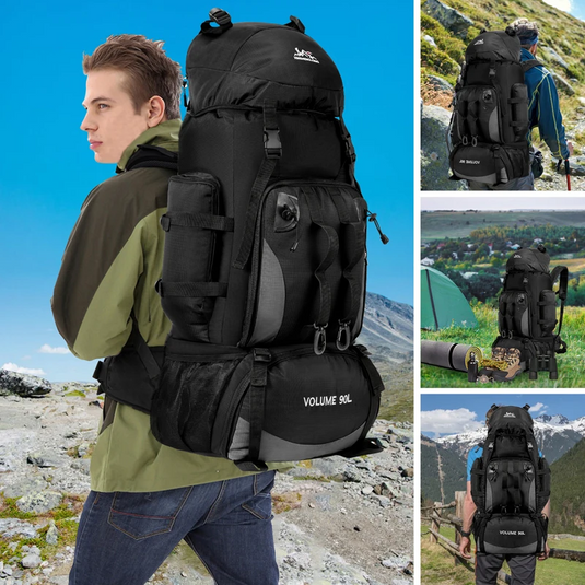 Black hiking backpack with multiple views in outdoor settings