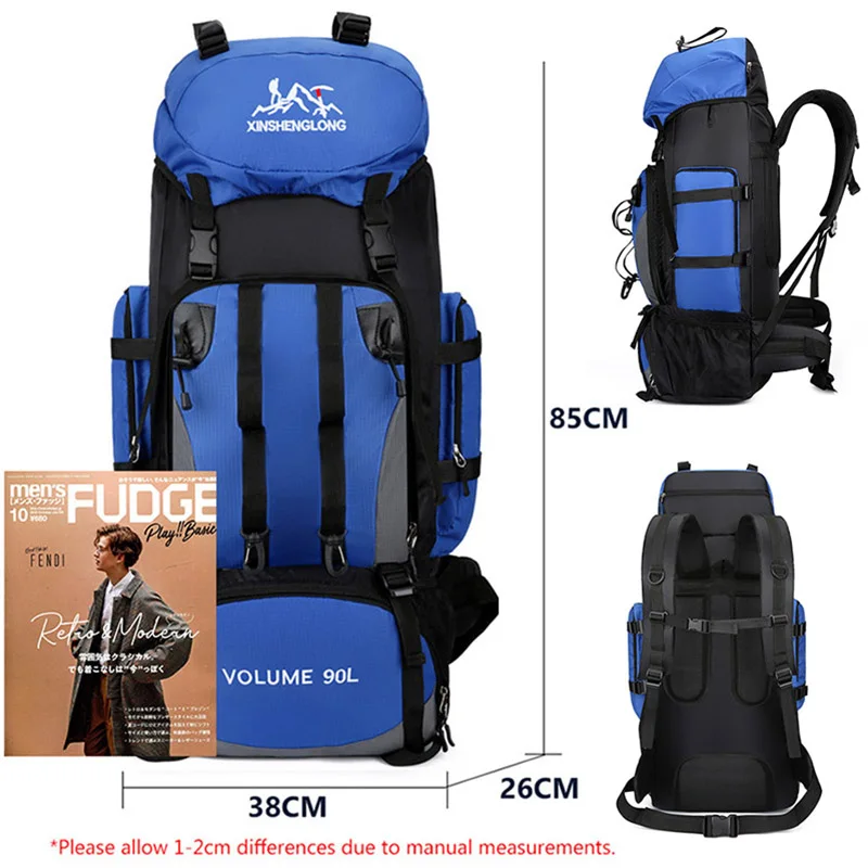 Load image into Gallery viewer, Blue and black backpack with dimensions and magazine for scale
