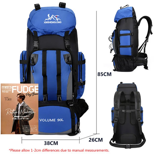 Blue and black backpack with dimensions and magazine for scale