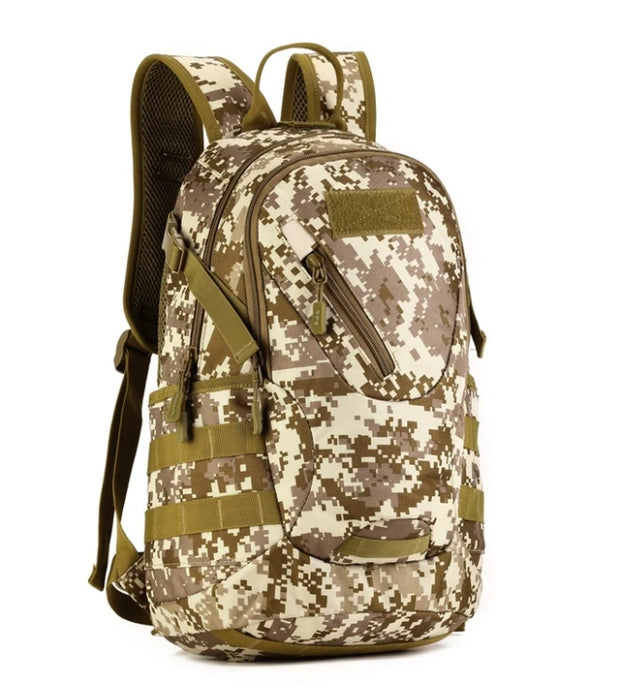 Camouflage backpack with multiple pockets on a white background