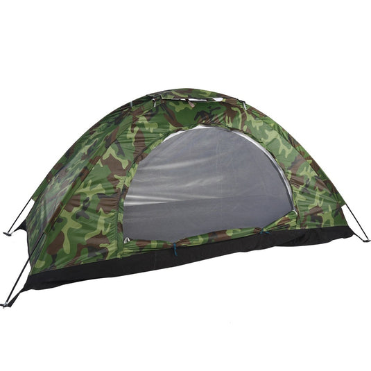 Camouflage-patterned tent on a white background