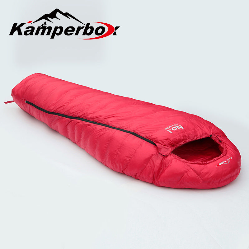 Load image into Gallery viewer, Red sleeping bag with Kamperbox logo on a light gray background
