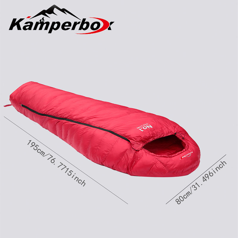 Load image into Gallery viewer, Red sleeping bag with Kamperbox branding and measurements on a light gray background
