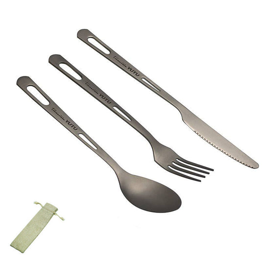 Set of titanium camping cutlery including knife, fork, and spoon with a pouch on a white background.