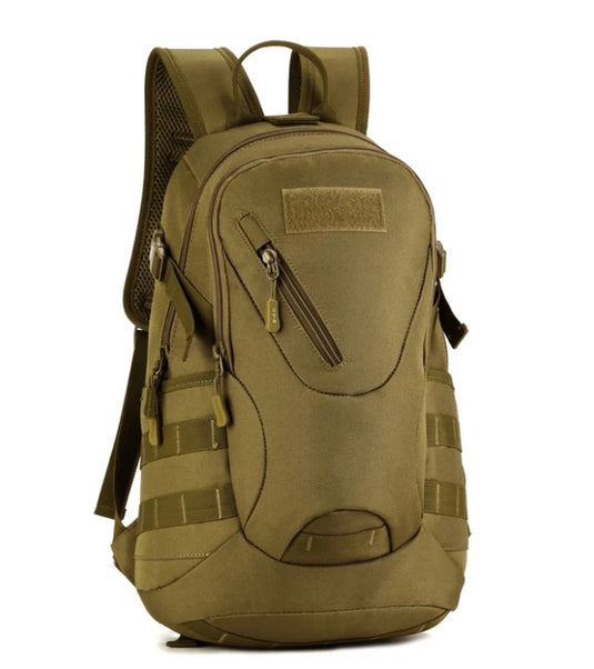 Olive green backpack with multiple pockets and straps on a white background