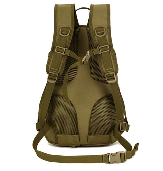 Olive green backpack with multiple straps on a white background