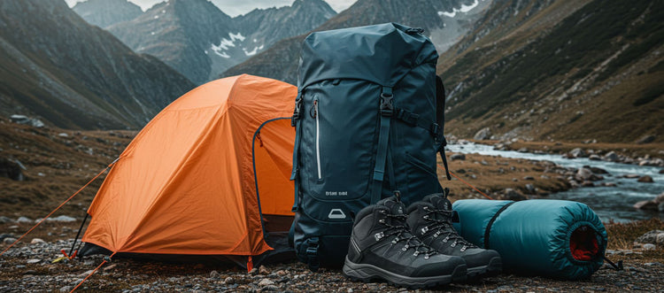Camping gear including an orange tent, blue backpack, and hiking boots in a mountainous landscape.