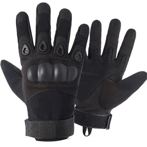 Pair of black tactical gloves on a white background