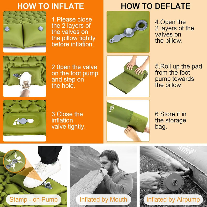Load image into Gallery viewer, Instructions on how to inflate and deflate a green inflatable pillow with images and text.
