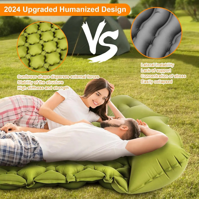 Load image into Gallery viewer, Couple lying on a green inflatable mattress with text comparing design features.

