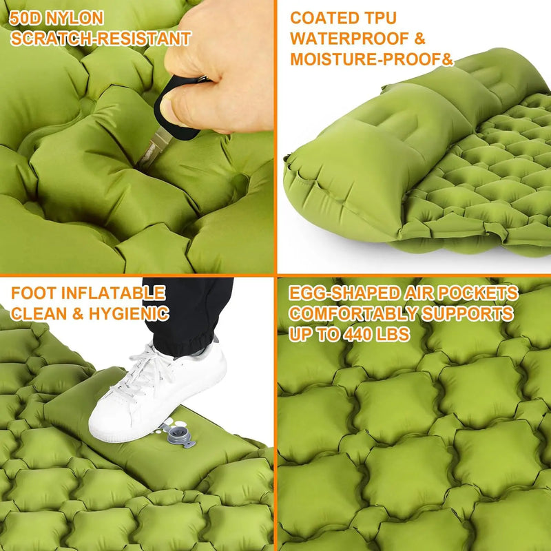 Load image into Gallery viewer, Green inflatable mattress with features highlighted on a white background
