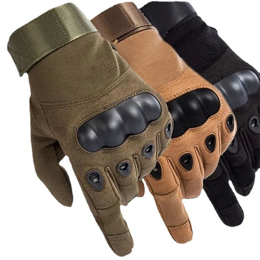 Four pairs of tactical gloves in different colors on a white background