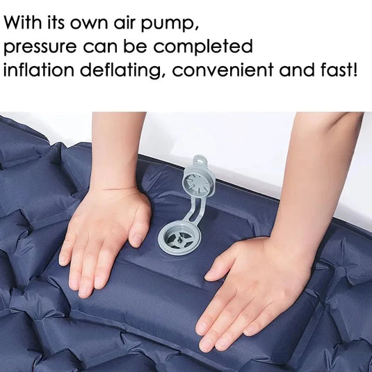 Inflatable mattress with air pump and text indicating convenience and speed of inflation and deflation.