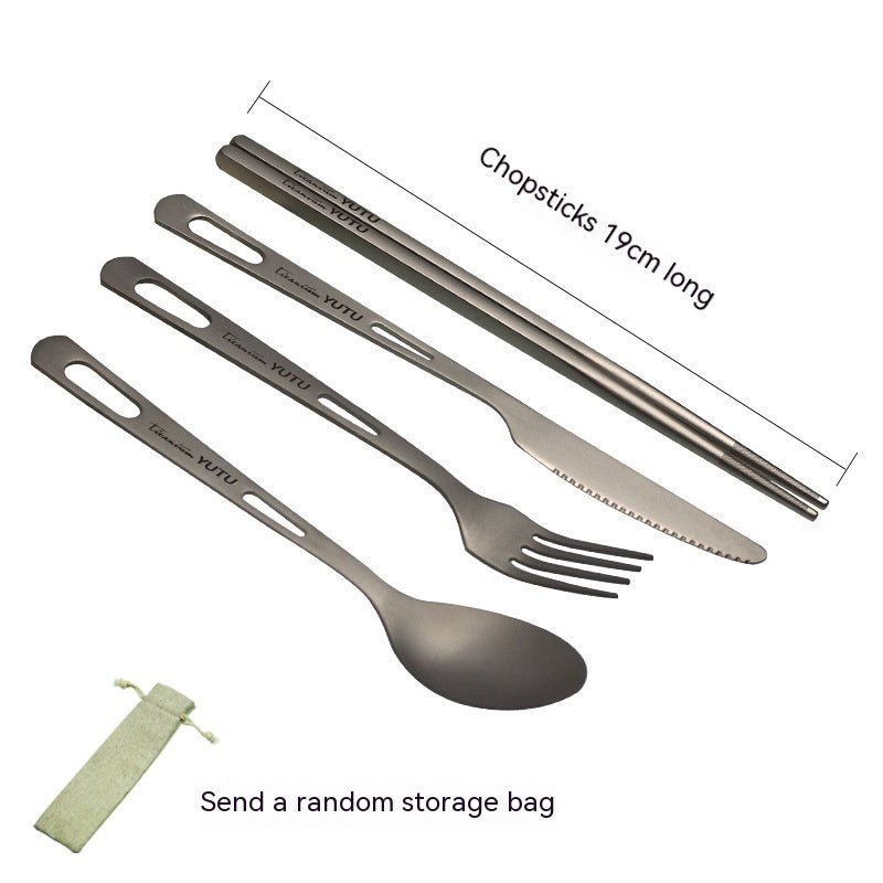 Load image into Gallery viewer, Set of stainless steel cutlery with dimensions and a storage bag on a white background
