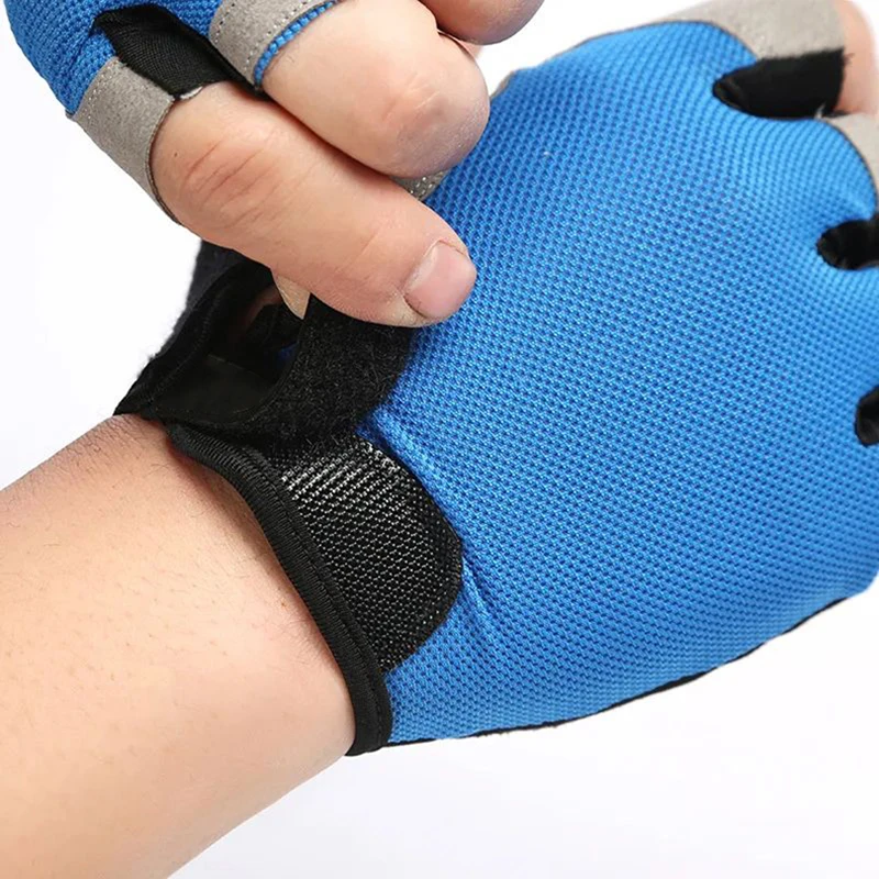 Load image into Gallery viewer, Blue breathable half-finger cycling gloves with anti-slip grip showing wrist strap adjustment

