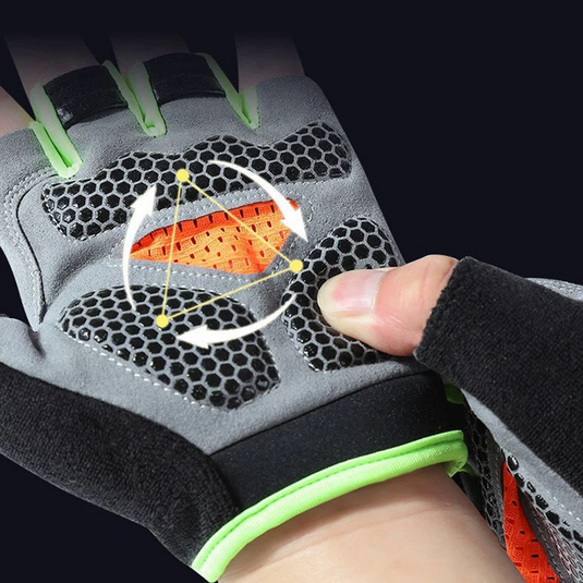Close-up of breathable half-finger cycling gloves with anti-slip grip in grey and neon green