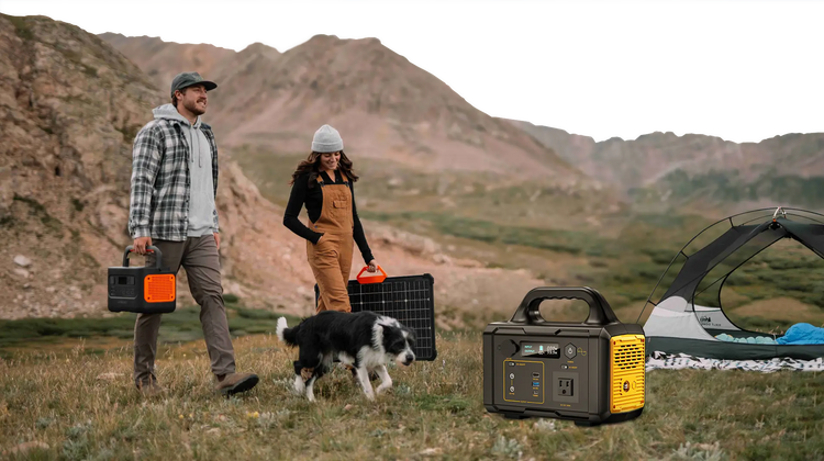 Man and woman camping in the mountains with a portable power station, solar panel, dog, and tent