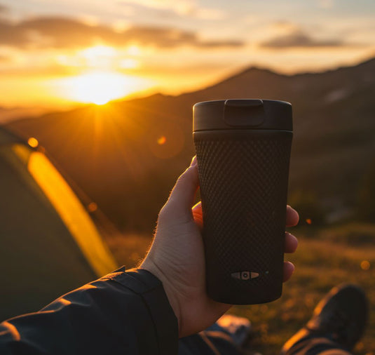 Hand holding a textured black mug with a sunset and mountains in the background